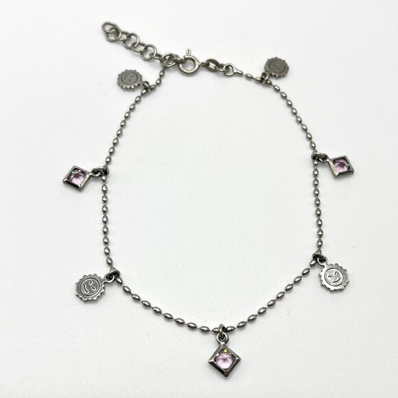 Sterling Silver Ankle Bracelet Sun Happy Face Charm Lavender Rivioli Anklet 925 - Picture 2 of 6